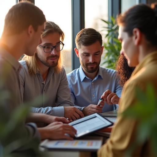 Team im modernen Büro in Wien am Tablett arbeitend